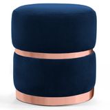 Puff Decorativo Com Cinto E Aro Rosê Round C-304 Veludo Azul Marinho - Domi
