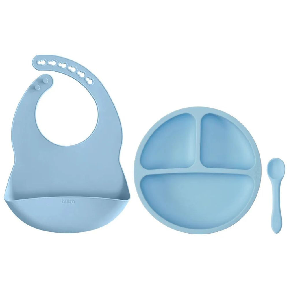 Kit Refeição Em Silicone Prato, Babador E Colher Azul - Buba