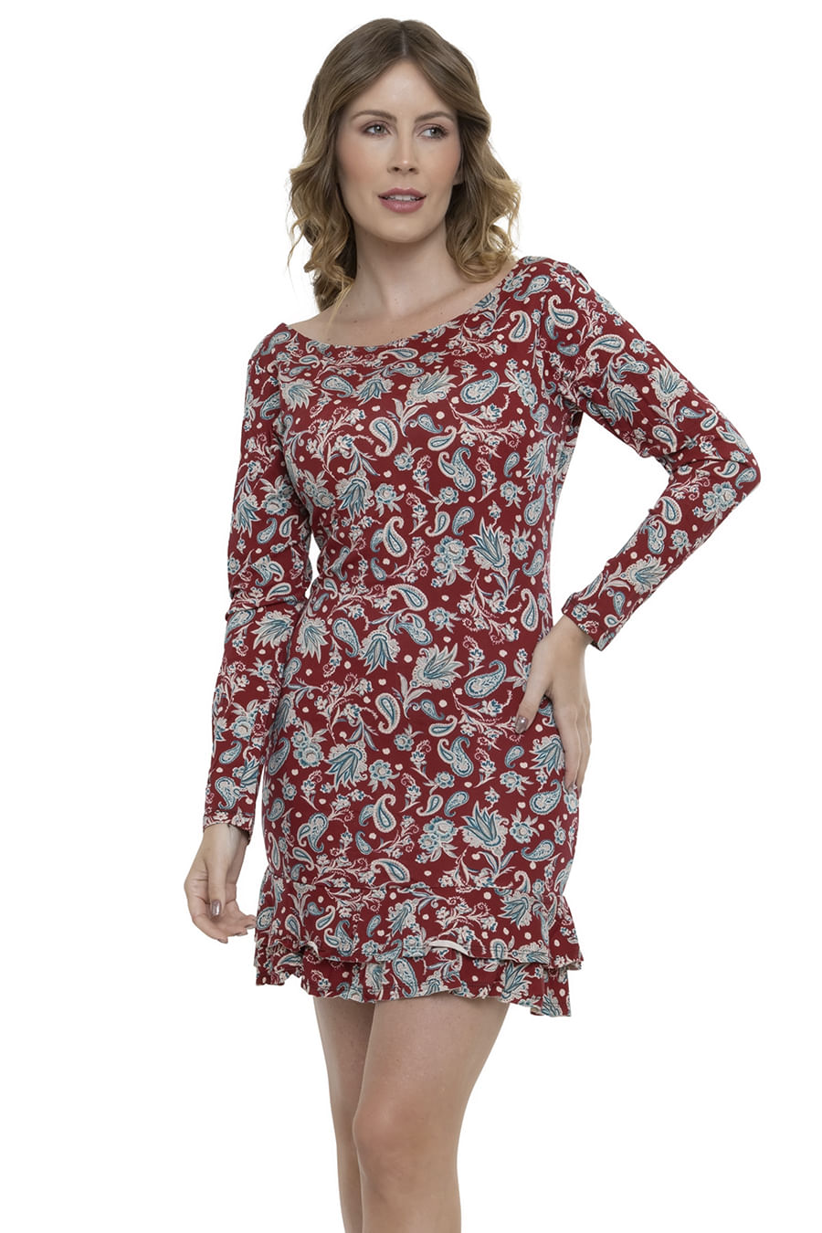 Vestido Curto Viscolycra Decotado Manga Longa Paisley