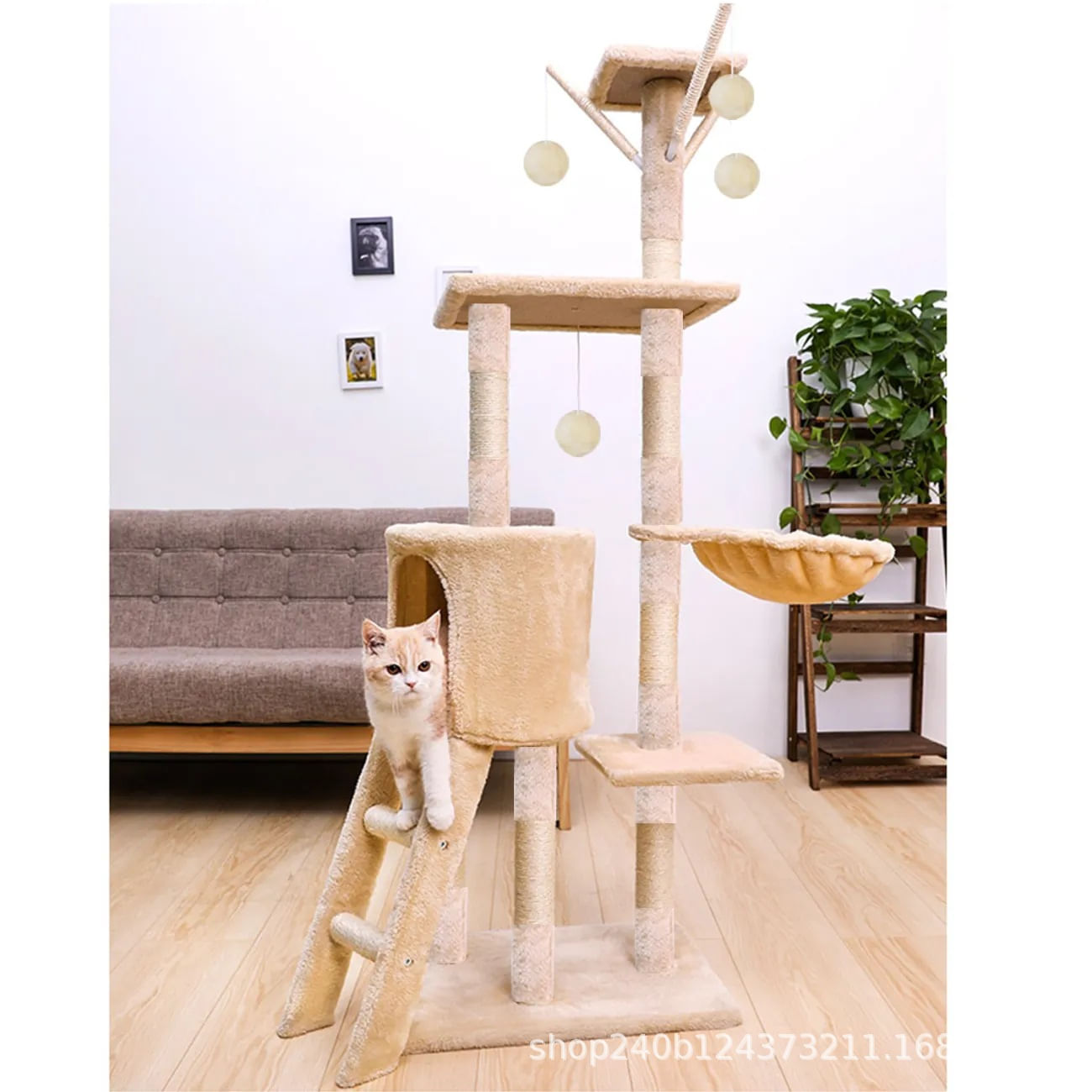 Estrutura De Escalada Cat Manmeo Mt05 De Luxo Bege De 5 Andares Com Sisal