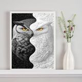 Quadro Decorativo Coruja Branco Preto - Metades 45x34cm