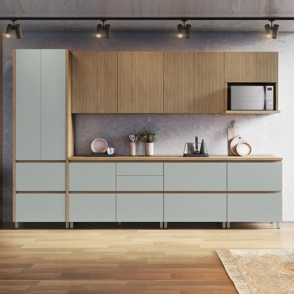 Cozinha Completa Rainha 10 Portas 8 Gavetas Ripado 100% Mdf Nature/verde Nesher