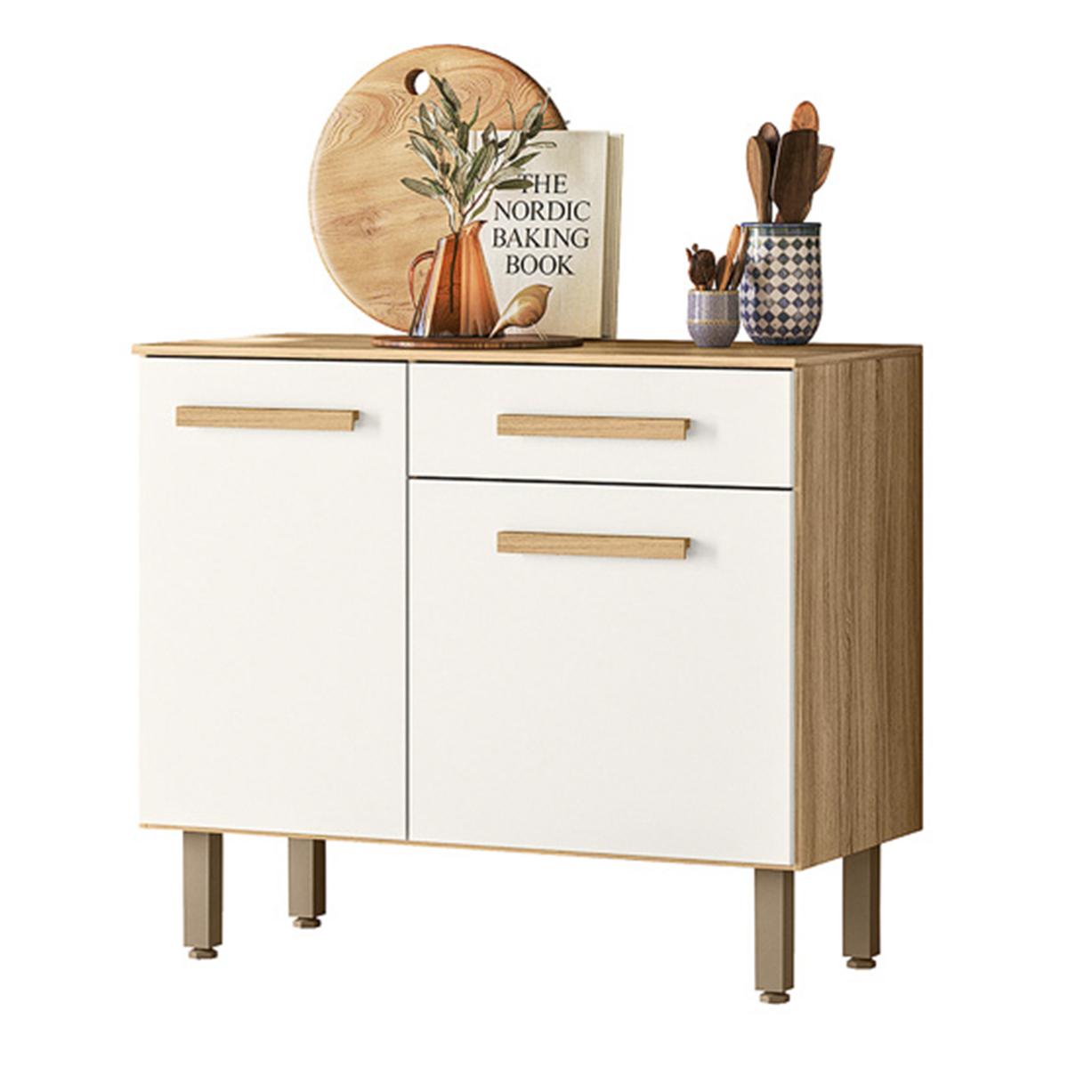 Balcão Para Cozinha Lemon Com 2 Portas E 1 Gaveta 91 Cm Freijo/off White