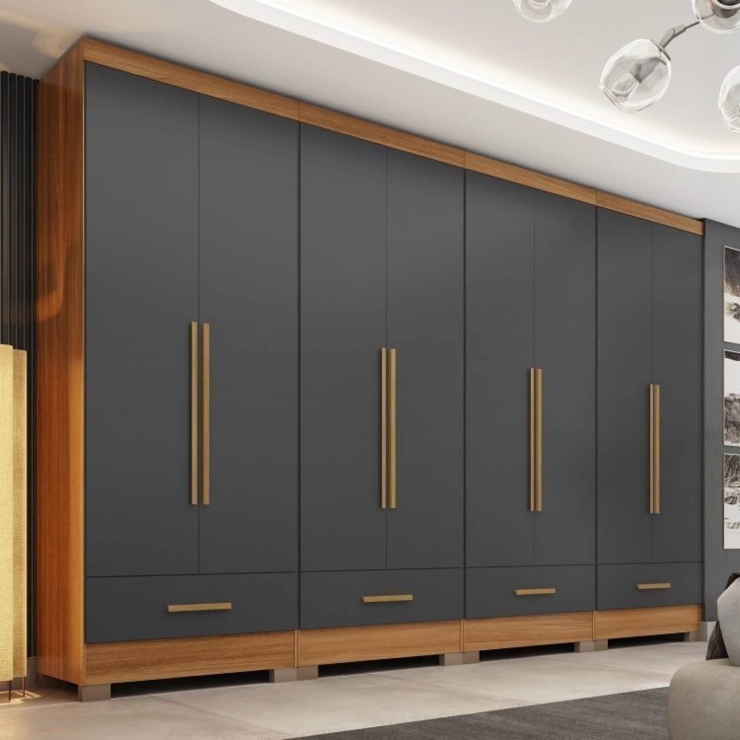 Quarto Modulado 4 Peças 8 Portas 4 Gavetas Smart Plus Cinamomo/cinza