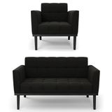 Sofá Namoradeira E 1 Poltrona Base Madeira Preto Ana Suede Preto - Ibiza