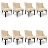 Kit 8 Cadeiras Estofadas Para Sala De Jantar Base Fixa De Madeira Preto Lia Suede Bege - Ibiza