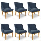 Kit 6 Cadeiras Estofadas Para Sala De Jantar Base Fixa De Madeira Castanho Lia Suede Azul Marinho - Ibiza