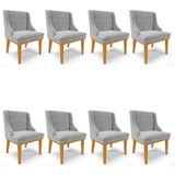 Kit 8 Cadeiras Estofadas Para Sala De Jantar Base Fixa De Madeira Castanho Lia Suede Cinza - Ibiza