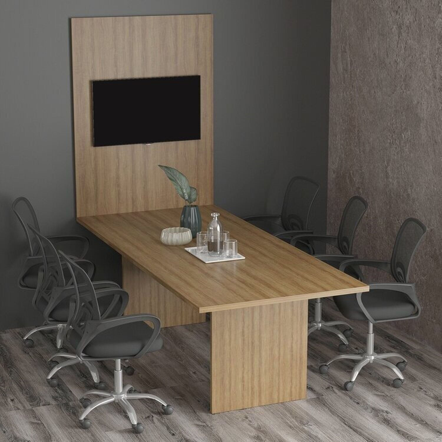 Kit Com Mesa Para Reunião 6 Lugares E Painel Para Tv Até 37 Polegadas Amendoa