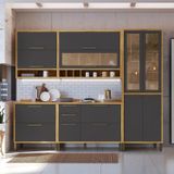 Cozinha Modulada Completa 5 Peças 11 Portas E Vidro Reflecta 274cm 100% Mdf Vicenza Espresso Móveis Amêndoa/cinza