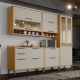 Cozinha Modulada Completa 5 Peças 11 Portas E Vidro Reflecta 274cm 100% Mdf Vicenza Espresso Móveis Amêndoa/off White