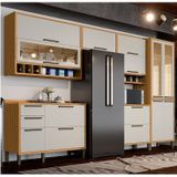 Cozinha Modulada Completa 6 Peças 12 Portas E Vidro Reflecta 354cm 100% Mdf Vicenza Espresso Móveis Amêndoa/off White