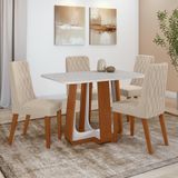 Conjunto Sala De Jantar Mesa Easy Pop 120x80cm Tampo Vidro/mdf Com 4 Cadeiras Seat Veludo Naturale Creme Frassino/off