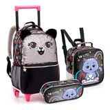 Mochila De Rodinha + Lancheira + Estojo Gato Com Paête Preto