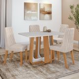 Conjunto Sala De Jantar Mesa Easy Pop 120x80cm Tampo Vidro/mdf Com 4 Cadeiras Seat Boucle Bege Amendoa Clean/off White