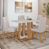 Conjunto Sala De Jantar Mesa Easy Pop 120x80cm Tampo Vidro/mdf Com 4 Cadeiras Seat Linho Mosaico Cinza Amendoa/off