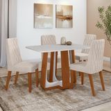 Conjunto Sala De Jantar Mesa Easy Pop 120x80cm Tampo Vidro/mdf Com 4 Cadeiras Seat Boucle Bege Frassino/off White