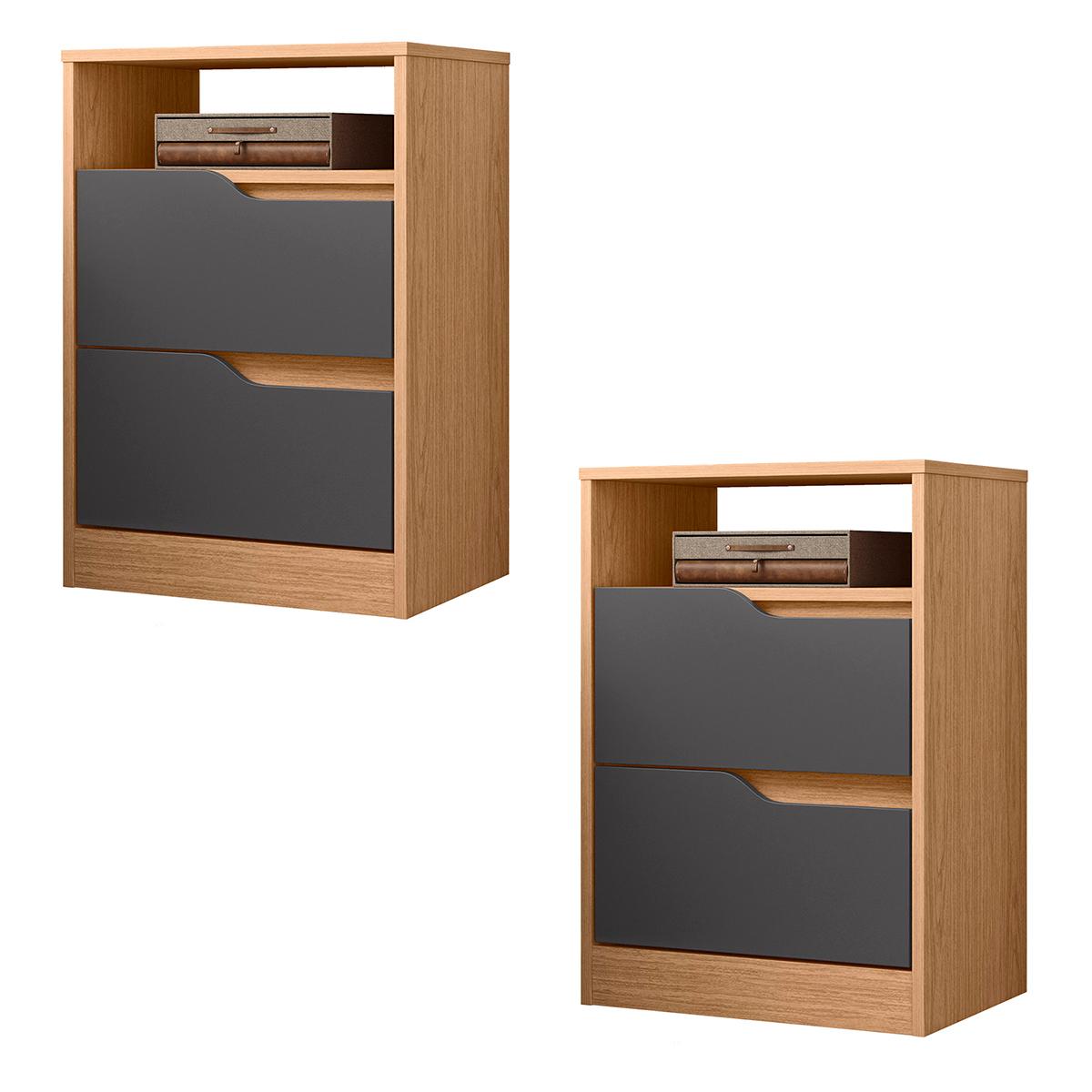 Kit 2 Mesas De Cabeceira Sole Com 2 Gavetas E Nicho Freijo/titanium