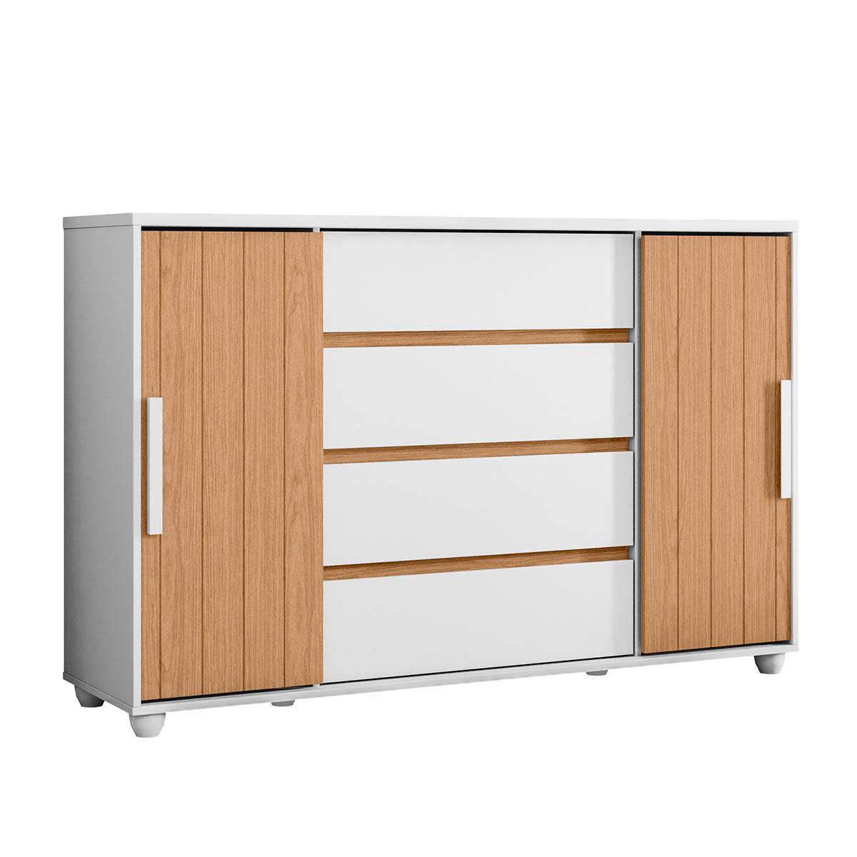 Cômoda Quarto Evidenza Com 4 Gavetas E 2 Portas De Correr Branco/freijo