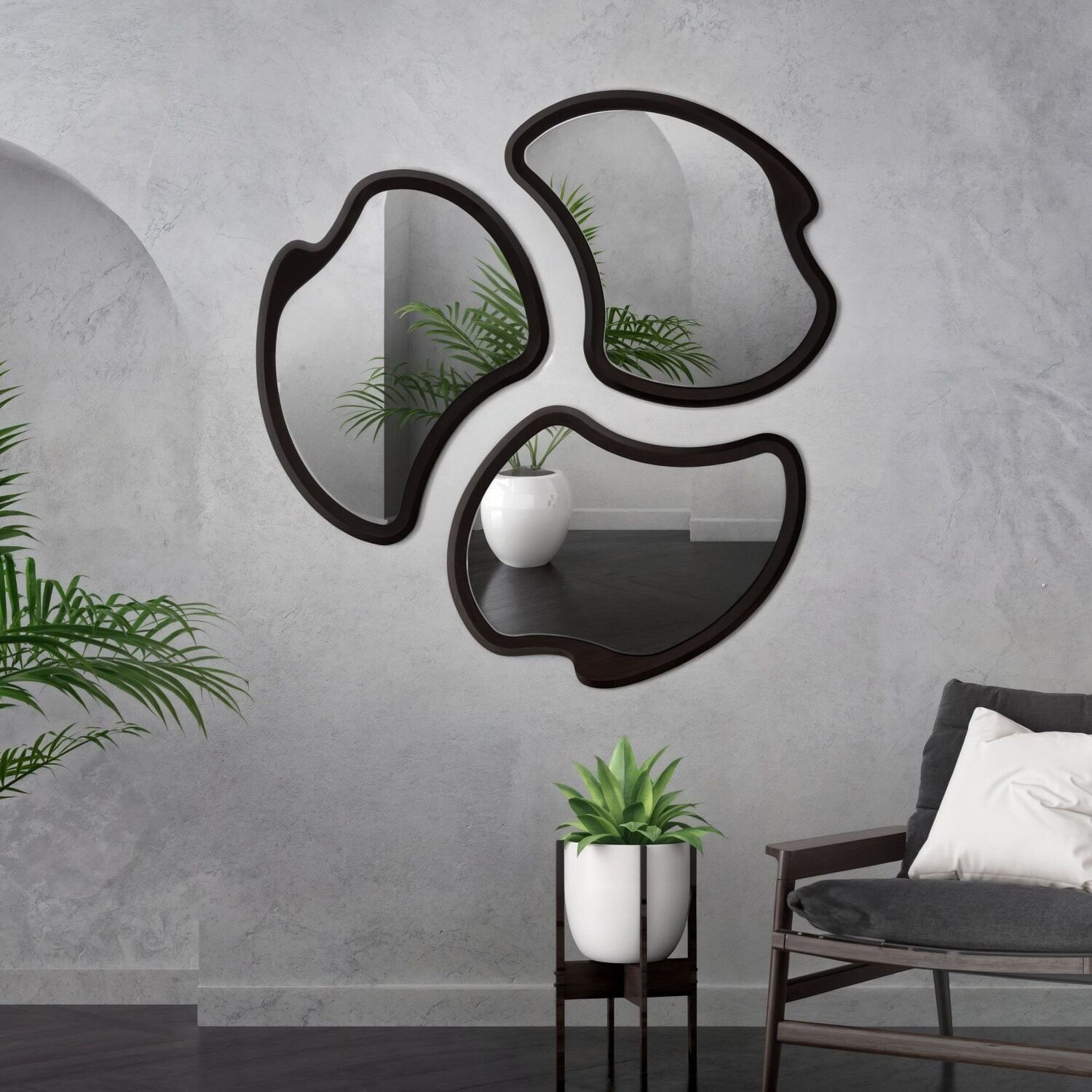 Conjunto 3 Espelhos Orgânicos Moldura Mdf Miraggio Ébano