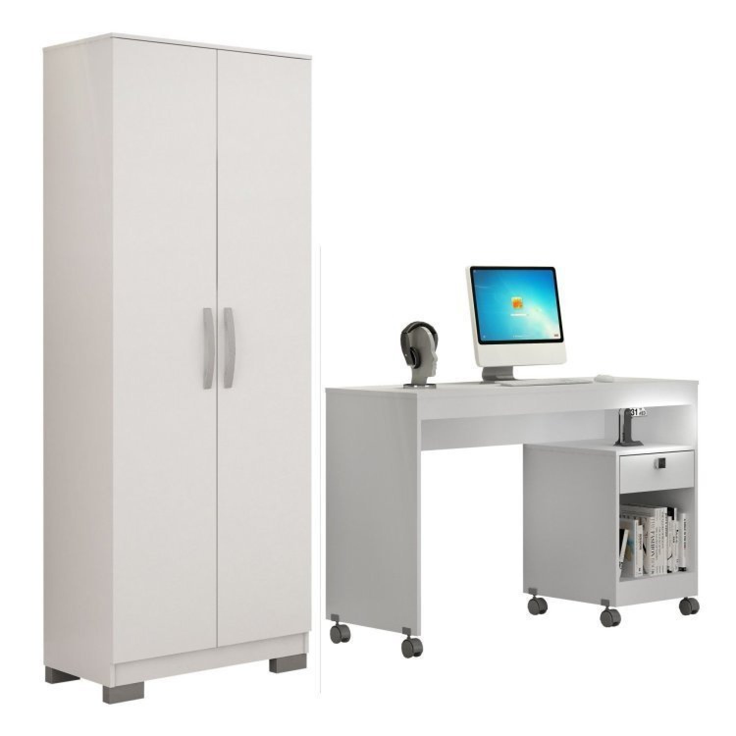 Conjunto Mesa Para Computador Giga E Armário Multiuso 2 Portas Natal Branco