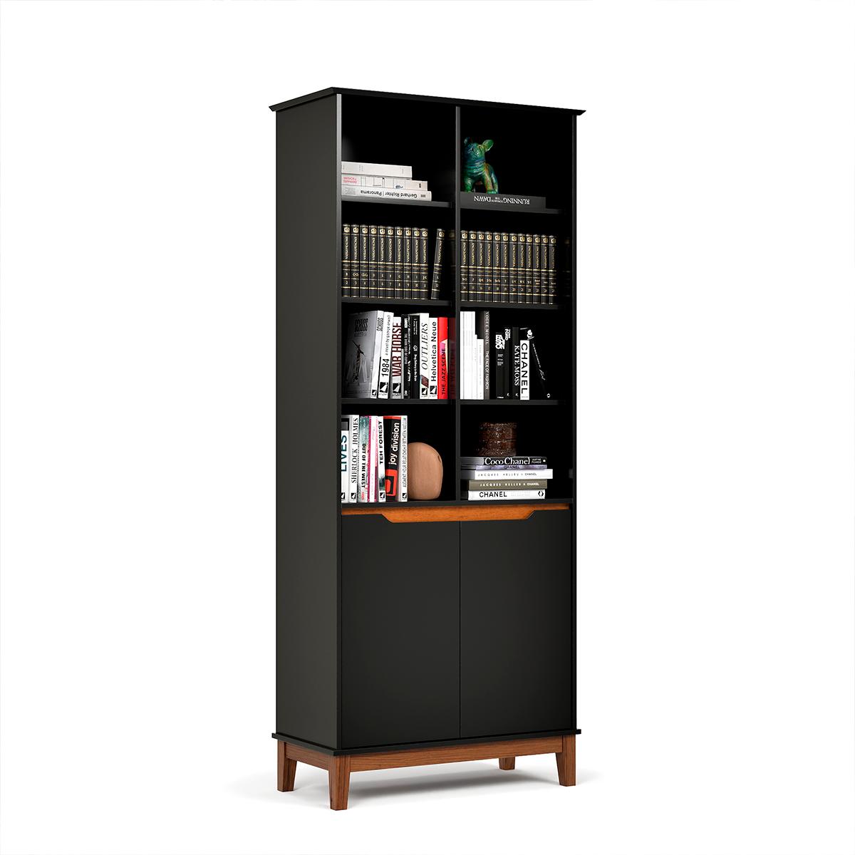 Livreiro Ej Flow 2 Portas 6 Prateleiras Com Pés Madeira Preto
