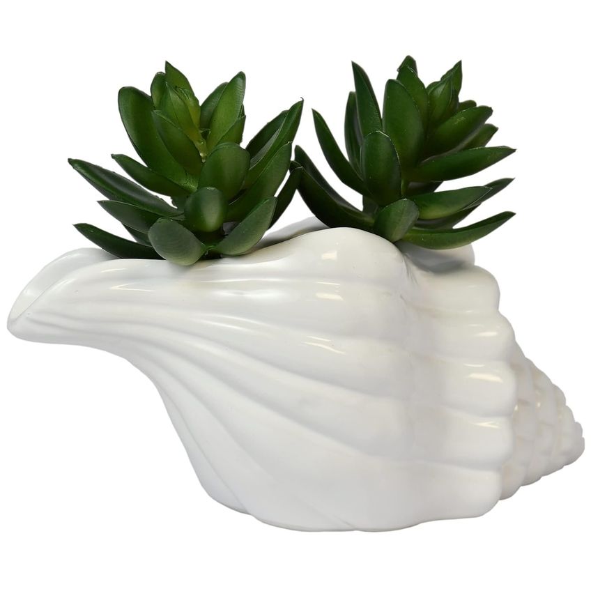 Vaso Decorativo Flores Cerâmica Concha Espiral Branco Oceano - imagem 2