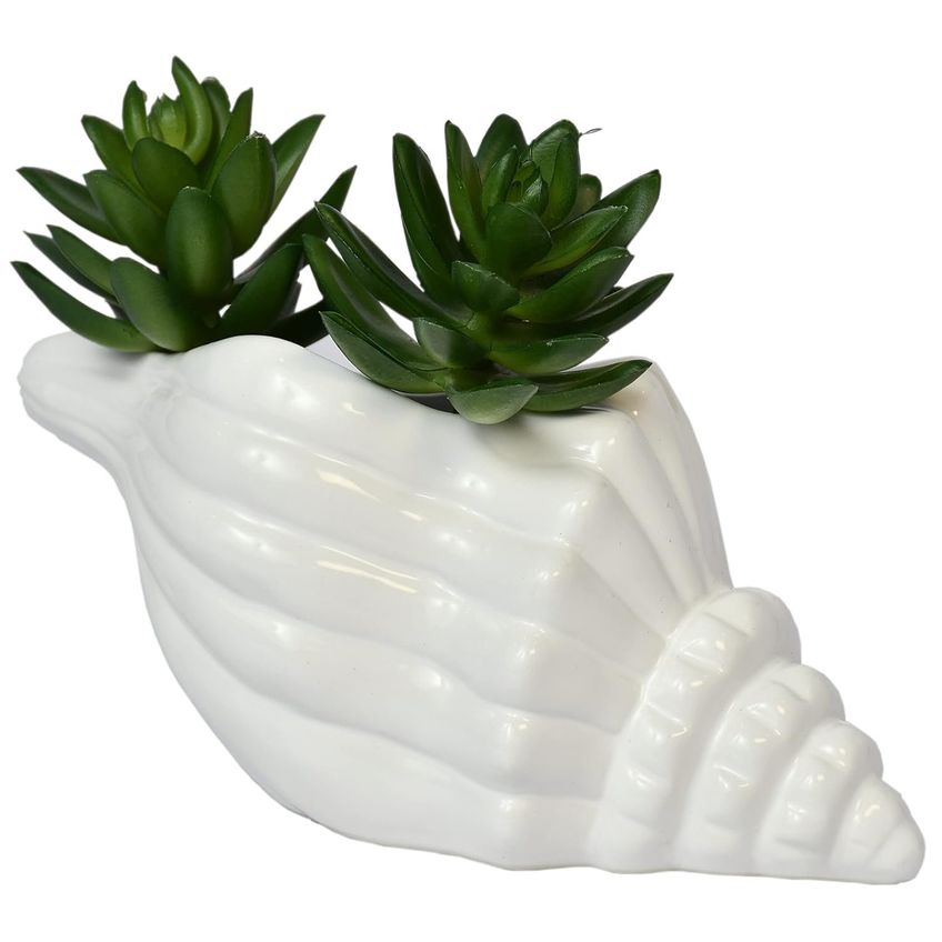 Vaso Decorativo Flores Cerâmica Concha Espiral Branco Oceano - imagem 3