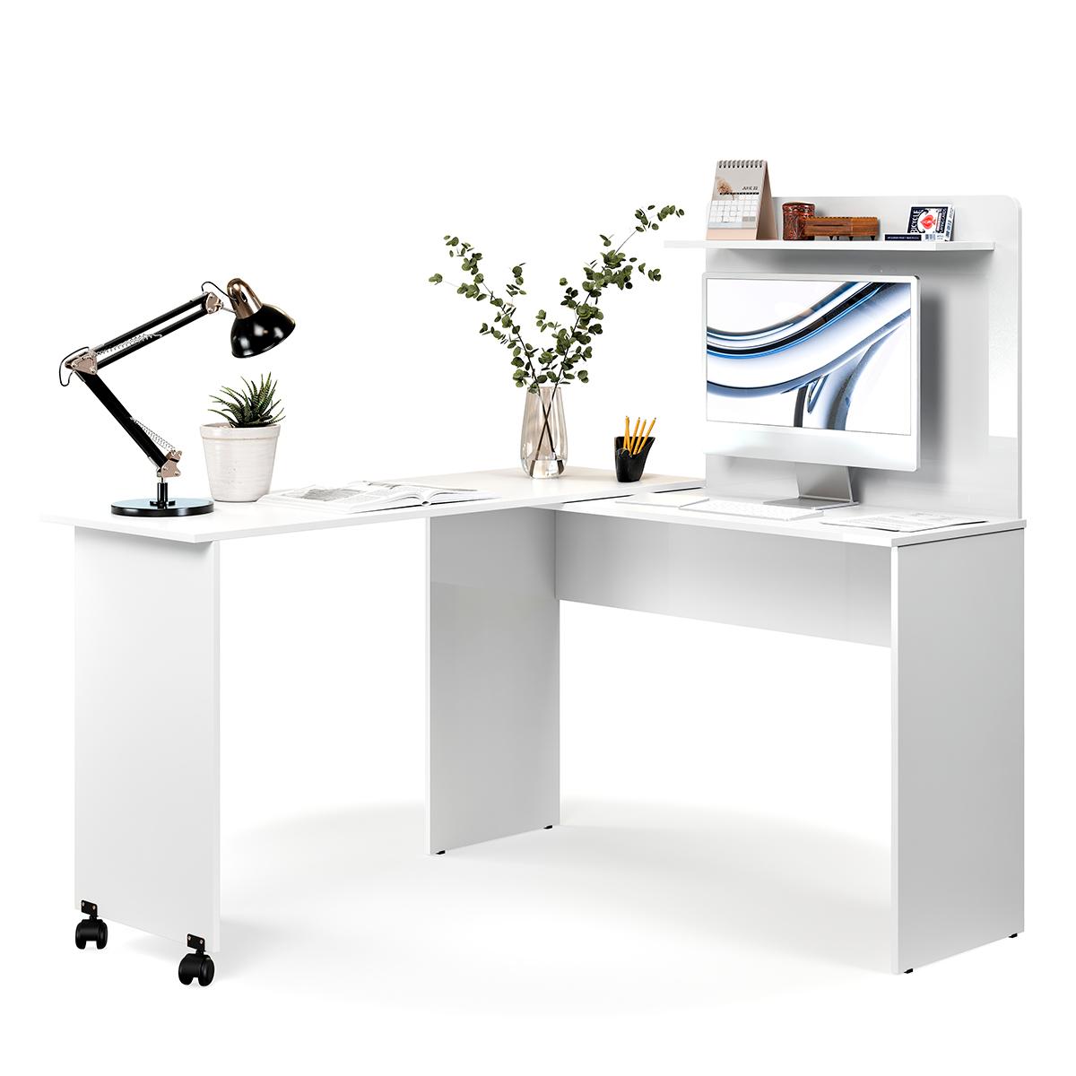 Escrivaninha Em L 2 Em 1 Com Rodízios E Prateleira Branco