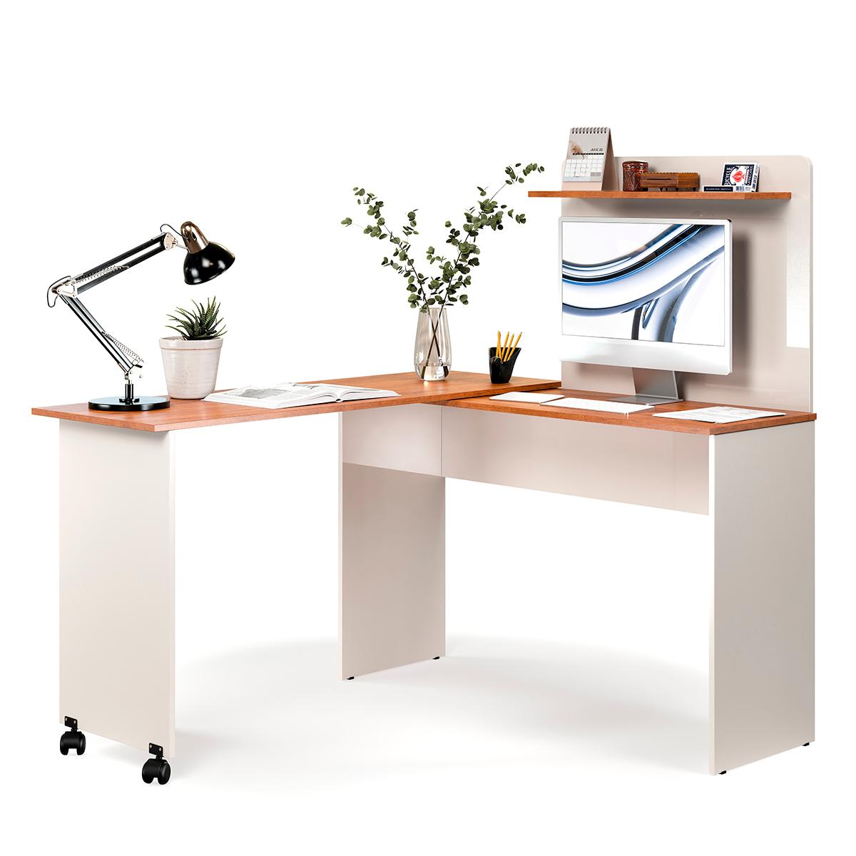 Escrivaninha Em L 2 Em 1 Com Rodízios E Prateleira Off White/freijo