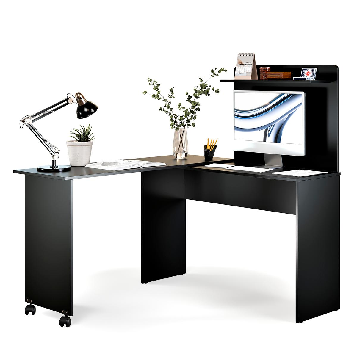 Escrivaninha Em L 2 Em 1 Com Rodízios E Prateleira Preto