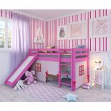 Cama Alta Kids Com Escorregador E Tenda Em Madeira Maciça/mdf Rosa