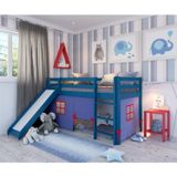 Cama Alta Kids Com Escorregador E Tenda Em Madeira Maciça/mdf Azul