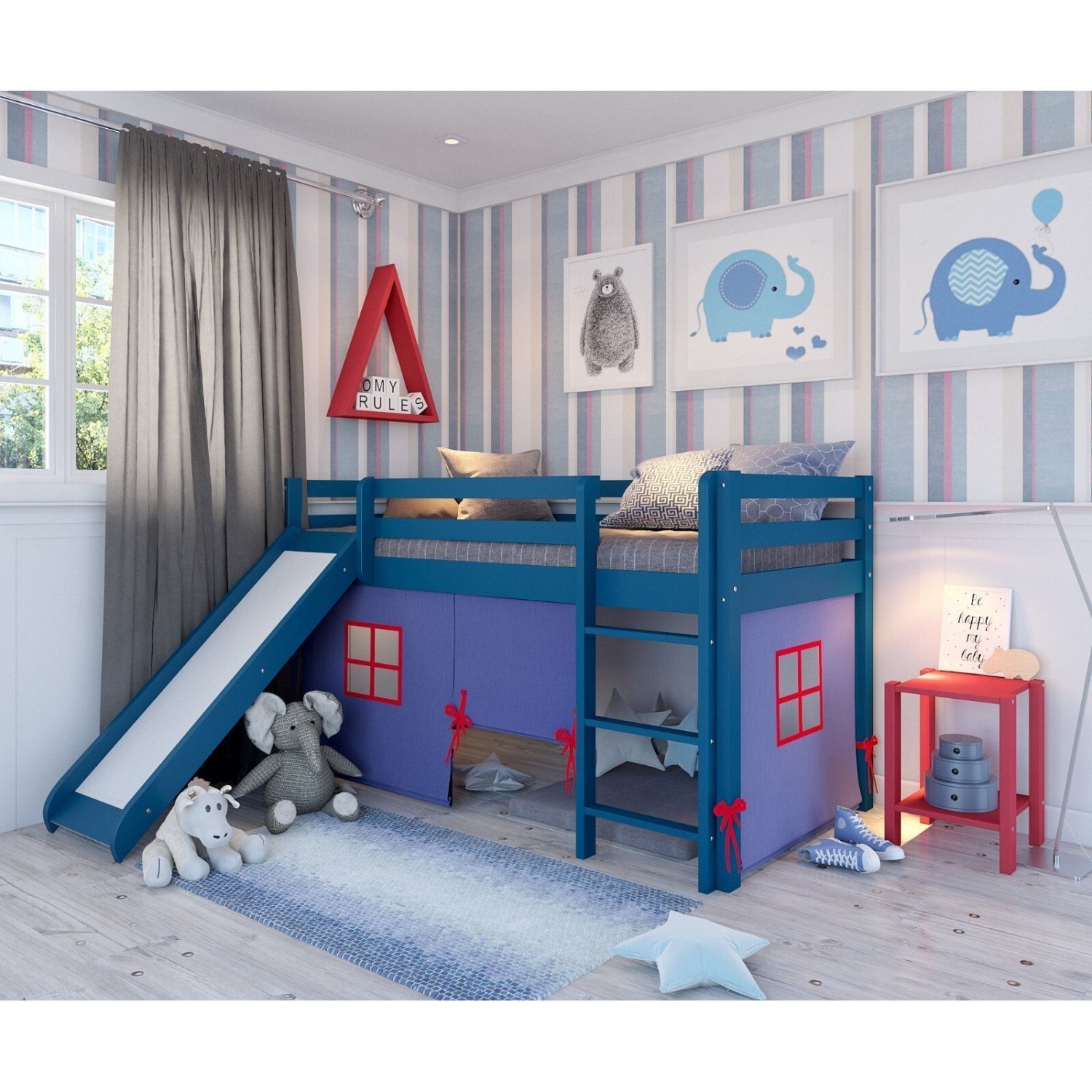 Cama Alta Kids Com Escorregador E Tenda Em Madeira Maciça/mdf Azul