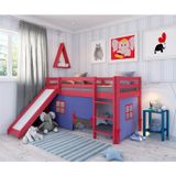 Cama Alta Kids Com Escorregador E Tenda Em Madeira Maciça/mdf Vermelho/azul