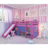 Cama Alta Kids Com Escorregador E Tenda Em Madeira Maciça/mdf Rosa/azul