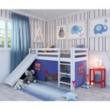 Cama Alta Kids Com Escorregador E Tenda Em Madeira Maciça/mdf Branco/azul