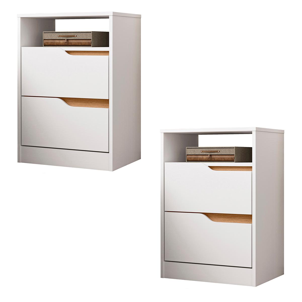 Kit 2 Mesas De Cabeceira Sole Com 2 Gavetas E Nicho Branco/freijo