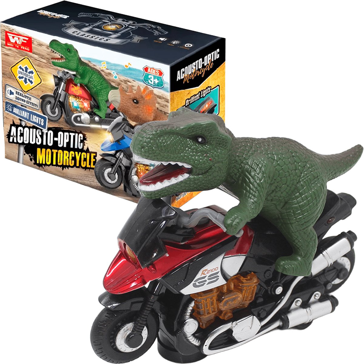 Brinquedo Dinossauro Motoqueiro Bate E Volta Luz Som À Pilha
