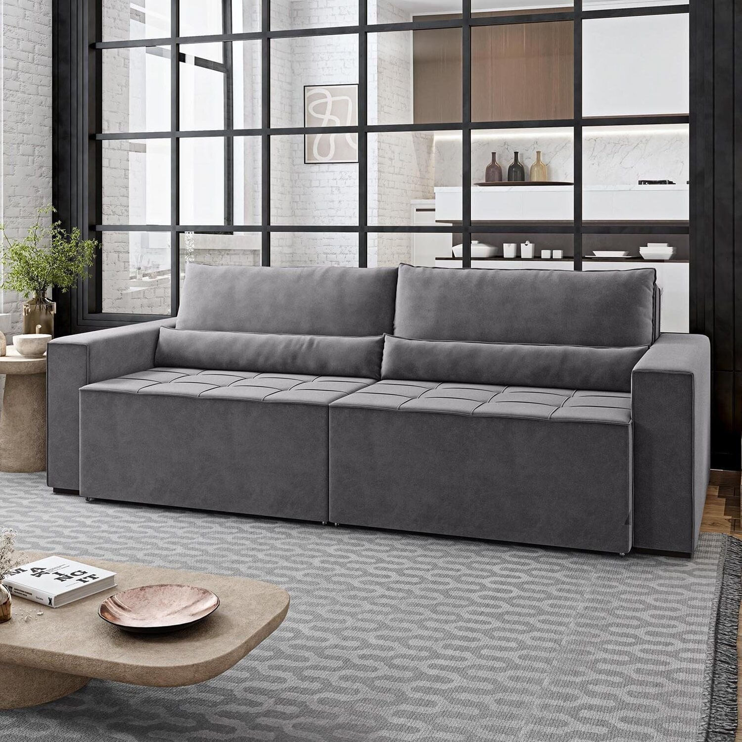 Sofá Nepal 2,20m Cinza 4 Lugares Retrátil E Reclinável Master Cinza