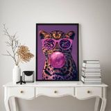 Quadro Onça Rosa Roxo Bubble Gum 45x34cm - Com Vidro