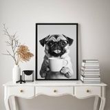 Quadro Decorativo Cachorrinho Pug Bebendo Café 24x18cm Vidro