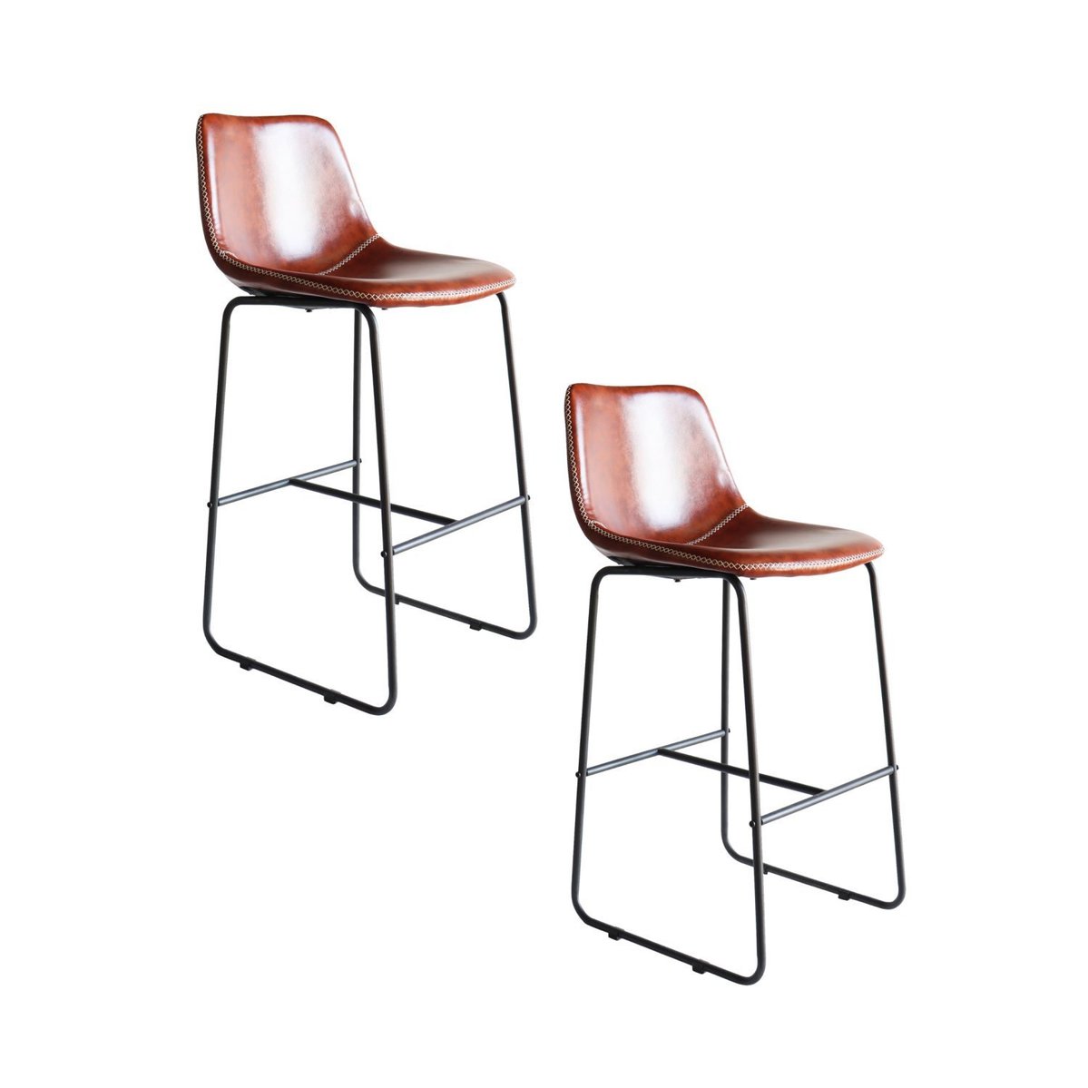 Kit 2 Banquetas Alta Encosto Estofado Em Couro Vintage Espresso Móveis Conhaque