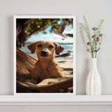 Quadro Decorativo Cachorro Caramelo Na Praia 24x18cm - Vidro