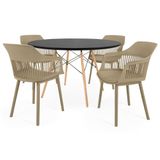 Conjunto Mesa De Jantar Redonda Eiffel Preta 120cm Com 4 Cadeiras Marcela - Nude Escuro