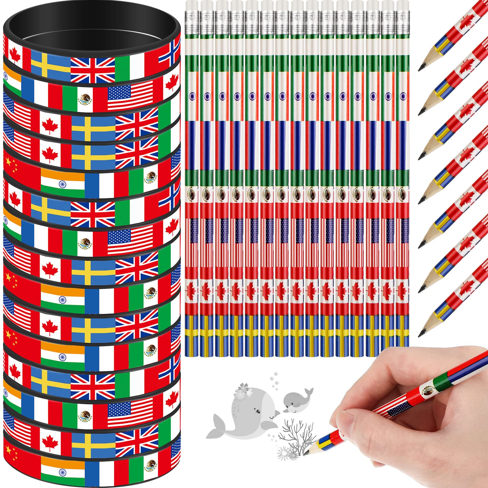Lápis E Pulseiras Crosree World Flags X60 Com Borracha