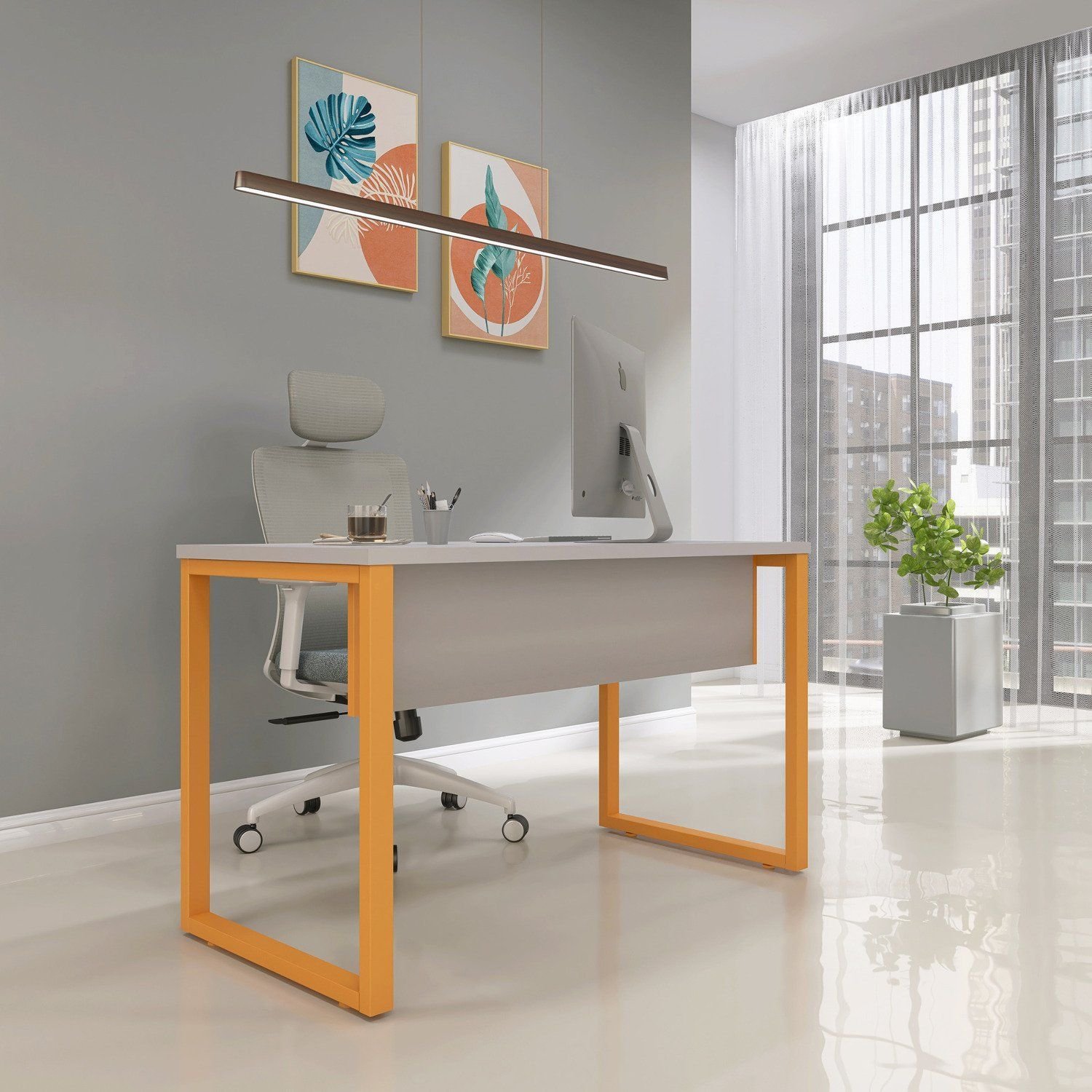 Escrivaninha Mesa Escritório 73,5cm X 150cm Cinza/laranja Picasso