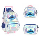 Kit Mochila Rodinhas + Lancheira + Estojo Box Stitch - Prata
