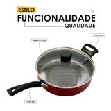 Frigideira Vermelha Antiaderente 24cm Tampa De Vidro E Alça