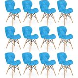 Kit 12 Cadeiras De Jantar Charles Eames Slim Wood Estofada - Azul